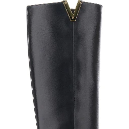 Black Knee-High Boots with Cut-Out on the Side and Logo Plaque in Leather Woman