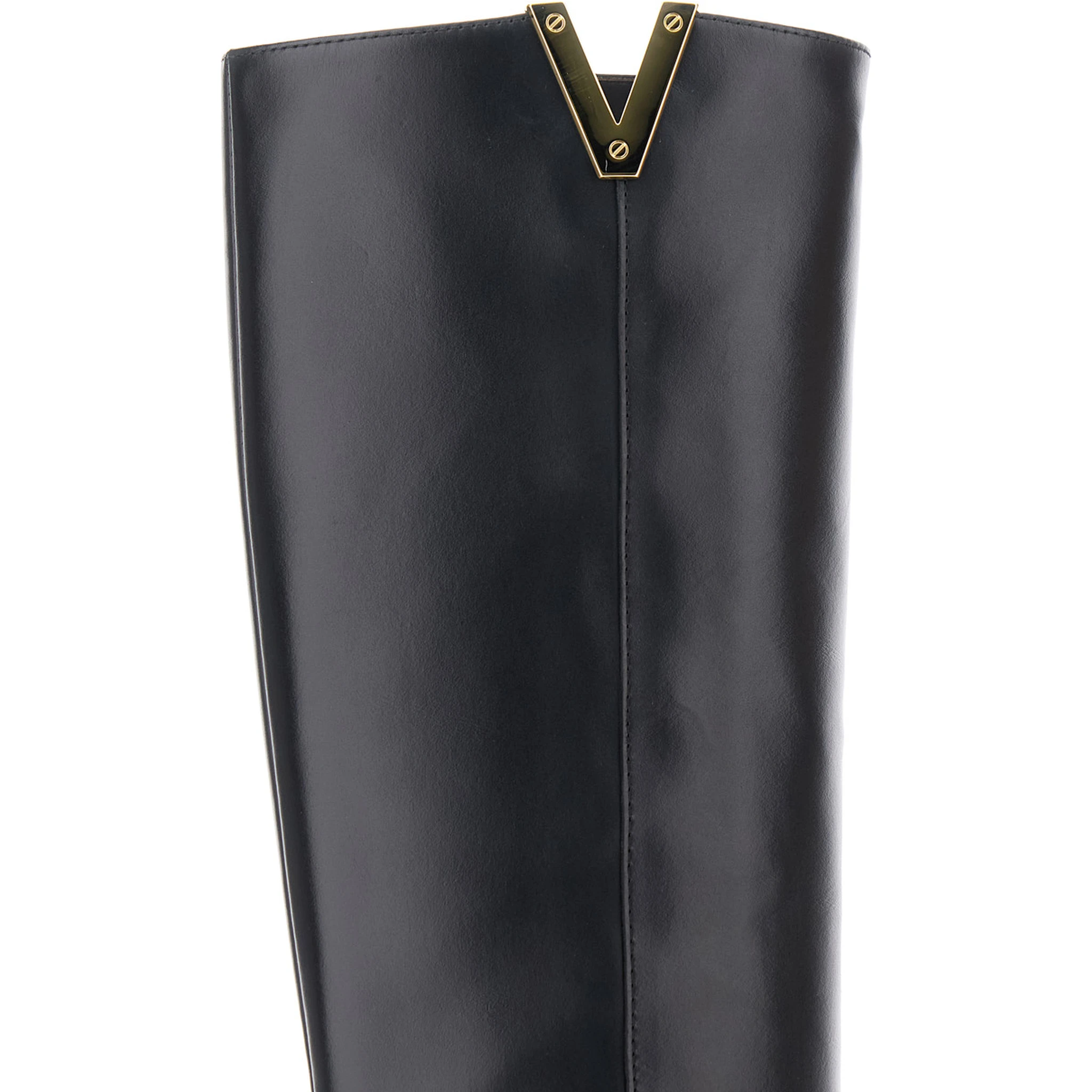 Black Knee-High Boots with Cut-Out on the Side and Logo Plaque in Leather Woman