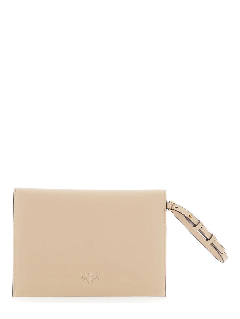 Beige Clutch Bag with Metal Plate and Love Birds Logo in Leather Woman