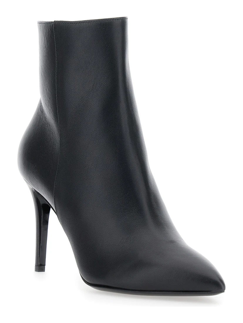 Black Ankle Boots with Stiletto Heel and Pointed Toe in Leather Woman
