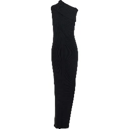 Athena Black Ribbed Knit Sleeveless Asymmetric Long Dress with Wide Neckline in Viscose Blend Woman