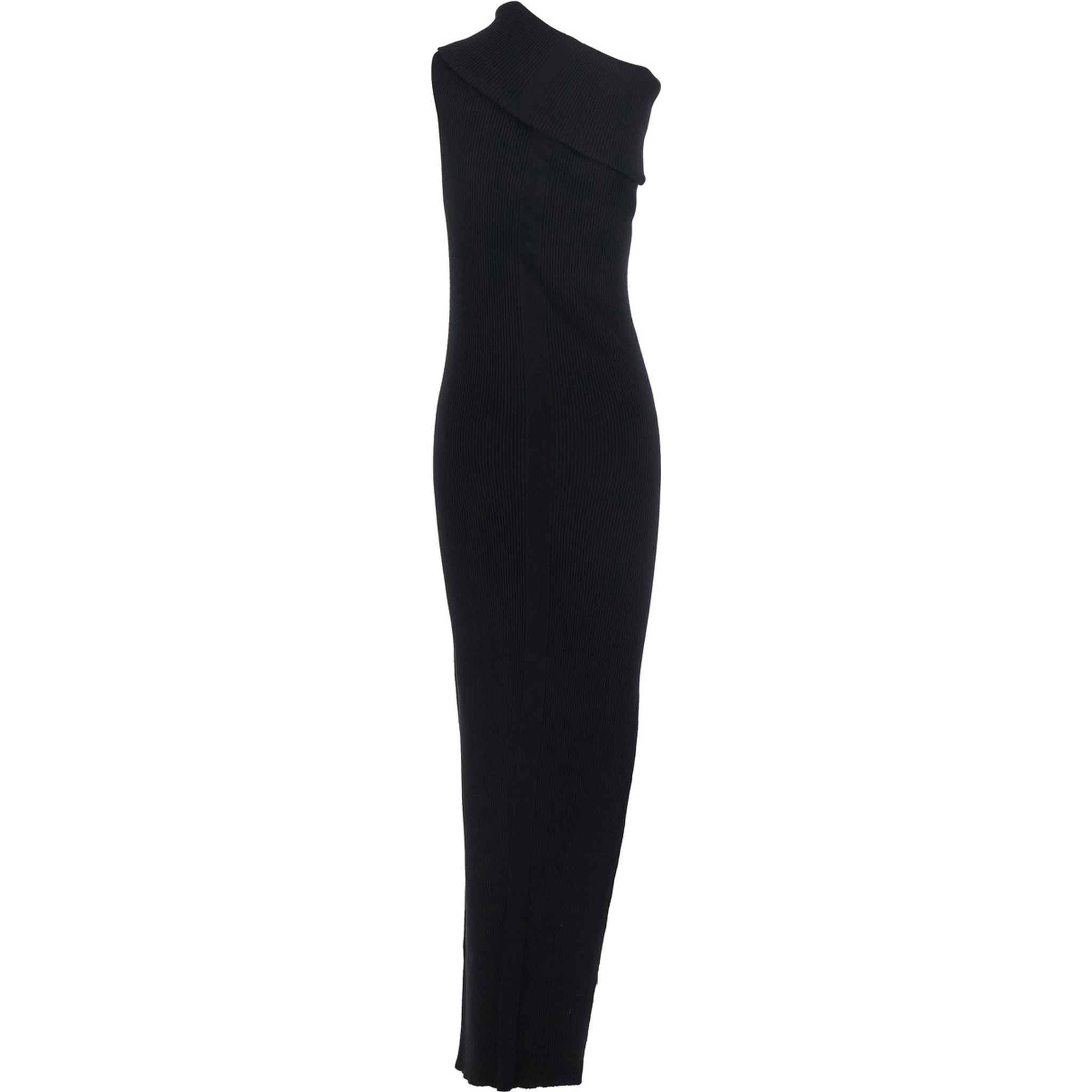 Athena Black Ribbed Knit Sleeveless Asymmetric Long Dress with Wide Neckline in Viscose Blend Woman