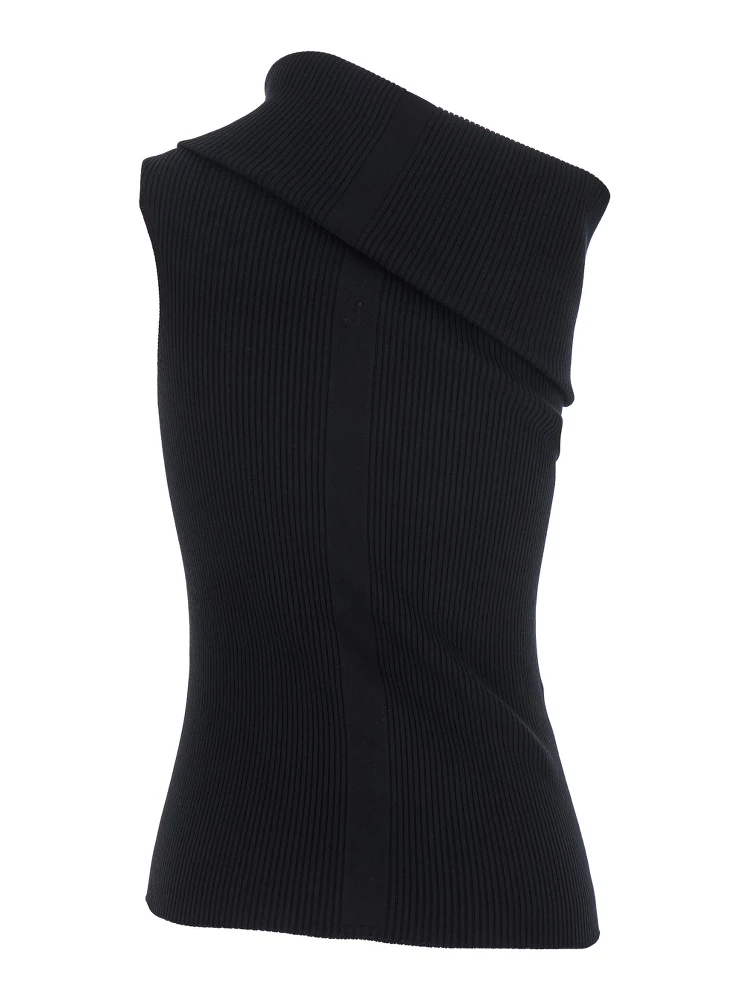 Athena Black Ribbed Knit Asymmetric Top with Wide Neckline in Cotton Knit Woman alternative