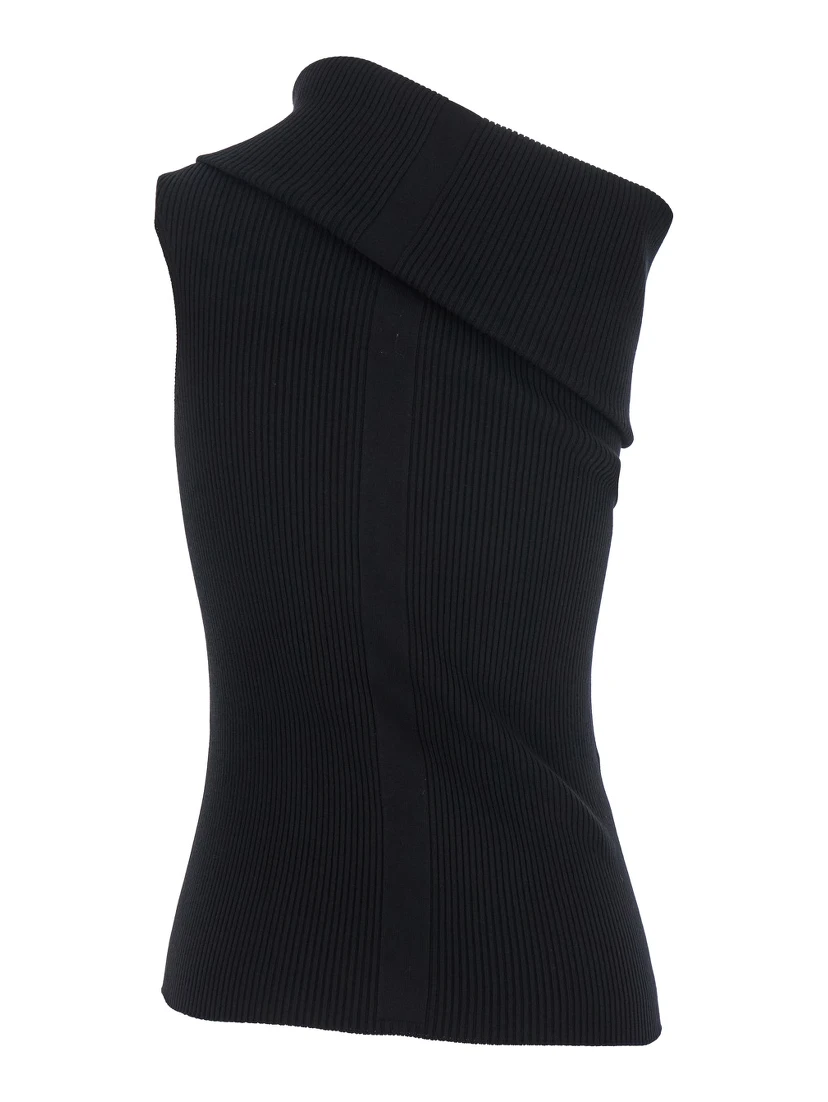 بلوزة أثينا السوداء المحبوكة المضلعة غير المتماثلة ذات فتحة رقبة واسعة من القطن المحبوك للنساء