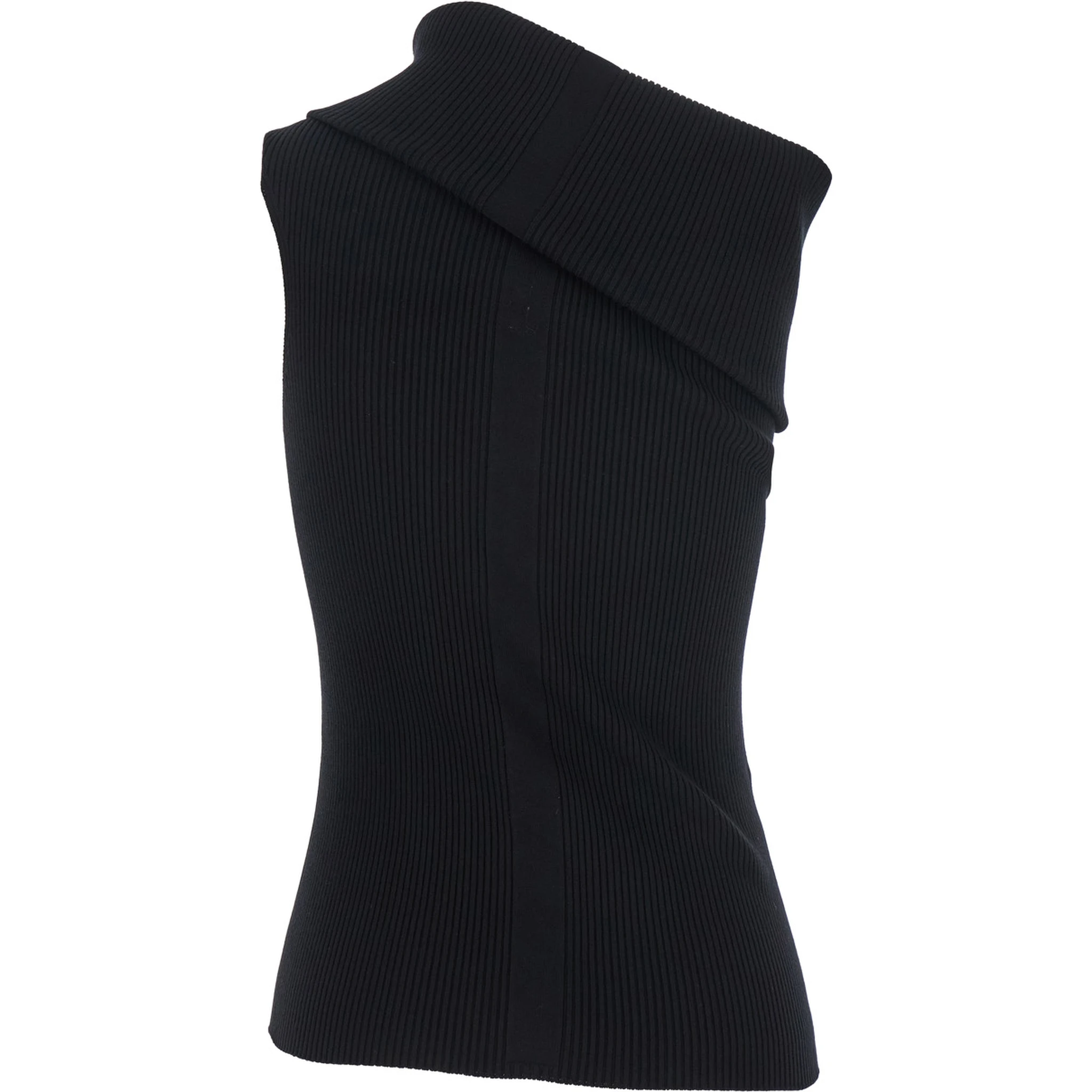 Athena Black Ribbed Knit Asymmetric Top with Wide Neckline in Cotton Knit Woman