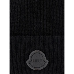 Black Ribbed Beanie with Logo Patch on the Front in Virgin Wool Woman