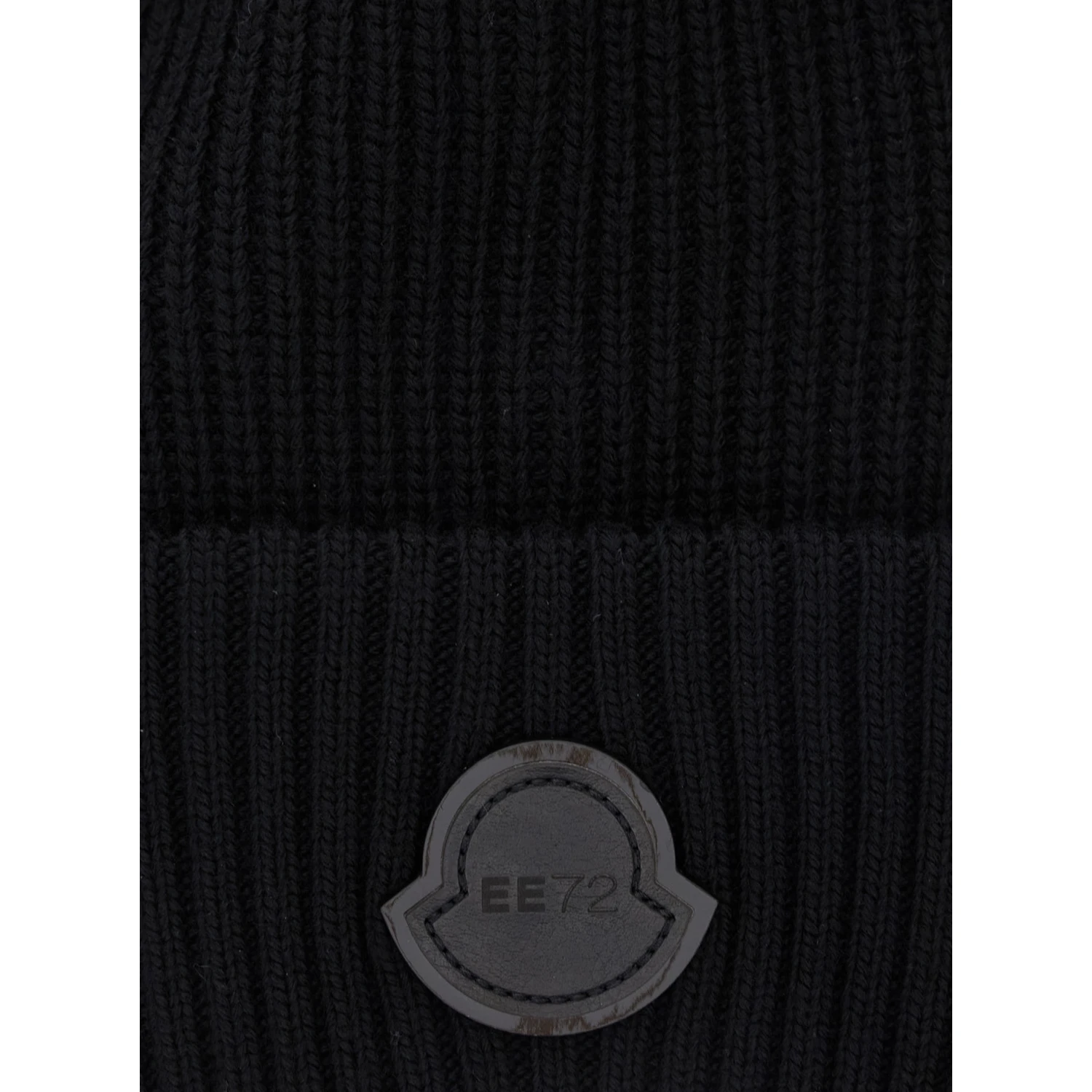 Black Ribbed Beanie with Logo Patch on the Front in Virgin Wool Woman