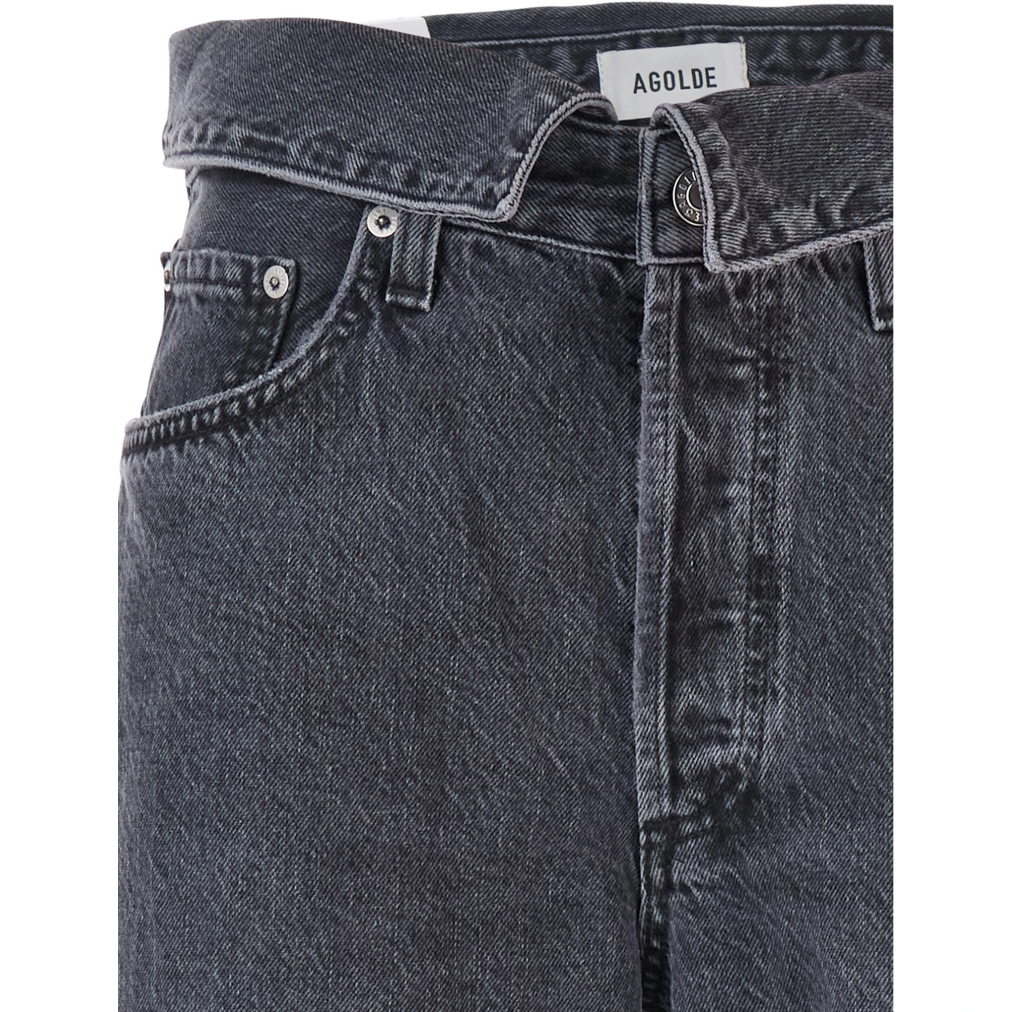 Black Jeans with Front-Fold Design and Logo Patch on the Rear in Denim Woman