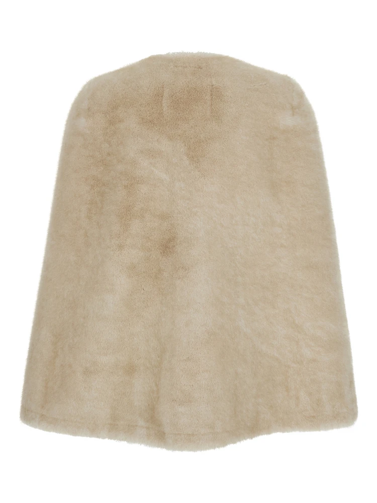 Beige Round Neck Hood with Trapezoid Design in Faux Fur Woman alternative