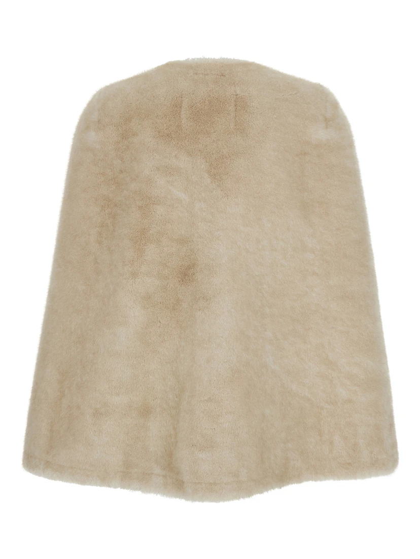 Beige Round Neck Hood with Trapezoid Design in Faux Fur Woman