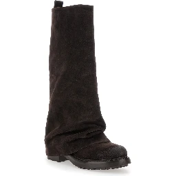 Brown Multilayer Combat Boots with One Block Sole in Suede Woman