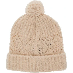 White Beanie with Pompom and Logo Patch on the Front in Wool Girl