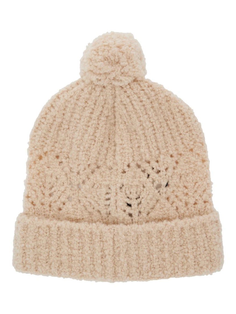 White Beanie with Pompom and Logo Patch on the Front in Wool Girl