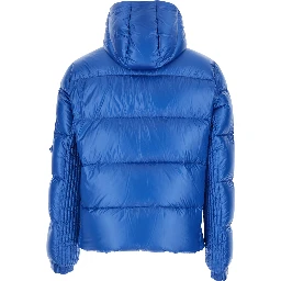 Belbo Blue Down Jacket with Fixed Hood and Logo Patch on the Sleeve in Tech Fabric Man