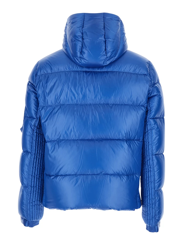 Belbo Blue Down Jacket with Fixed Hood and Logo Patch on the Sleeve in Tech Fabric Man alternative