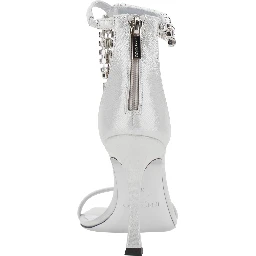 Crystal Metallic Sandals with Rhinestoned Ankle Strap and High Curved Heel in Leather Woman