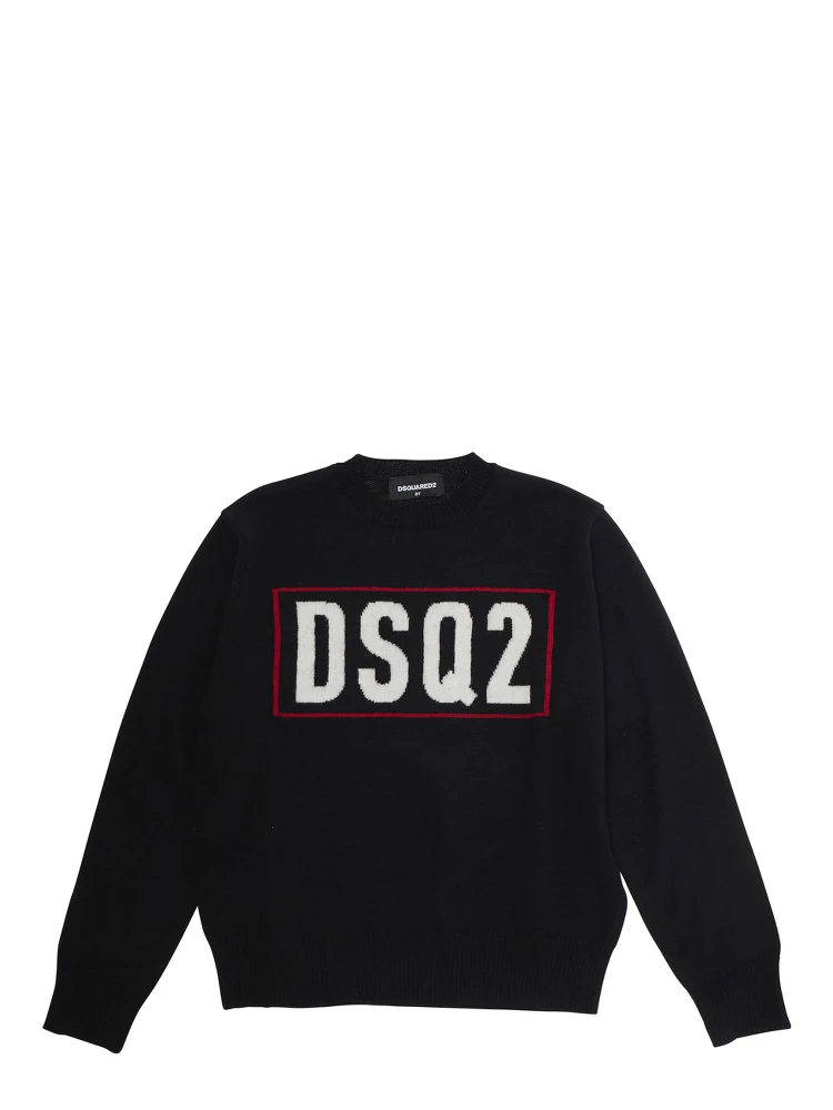 Black Crew Neck Sweater with Logo Lettering on the Front in Wool Boy