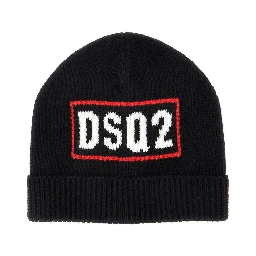 Black Beanie with Logo Embroidery on the Front in Wool and Cotton Blend Boy