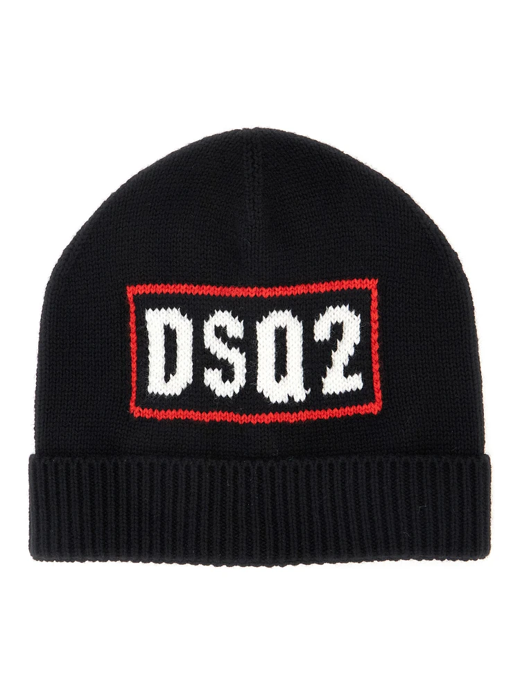 Black Beanie with Logo Embroidery on the Front in Wool and Cotton Blend Boy
