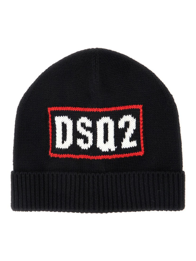 Black Beanie with Logo Embroidery on the Front in Wool and Cotton Blend Boy