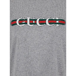 Grey Crewneck T-Shirt with Logo Lettering and Web Detail on the Front in Cotton Woman