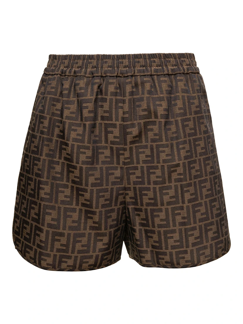 Brown Shorts with All-Over FF Monogram in Cotton Blend Woman