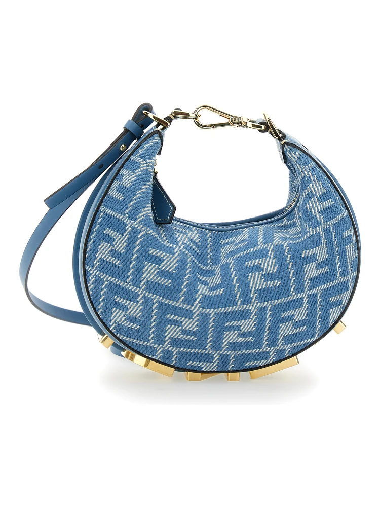 Fendigraphy Blue Mini Bag with All-Over FF Motif and Metal Lettering Logo on the Bottom in Cotton Woman