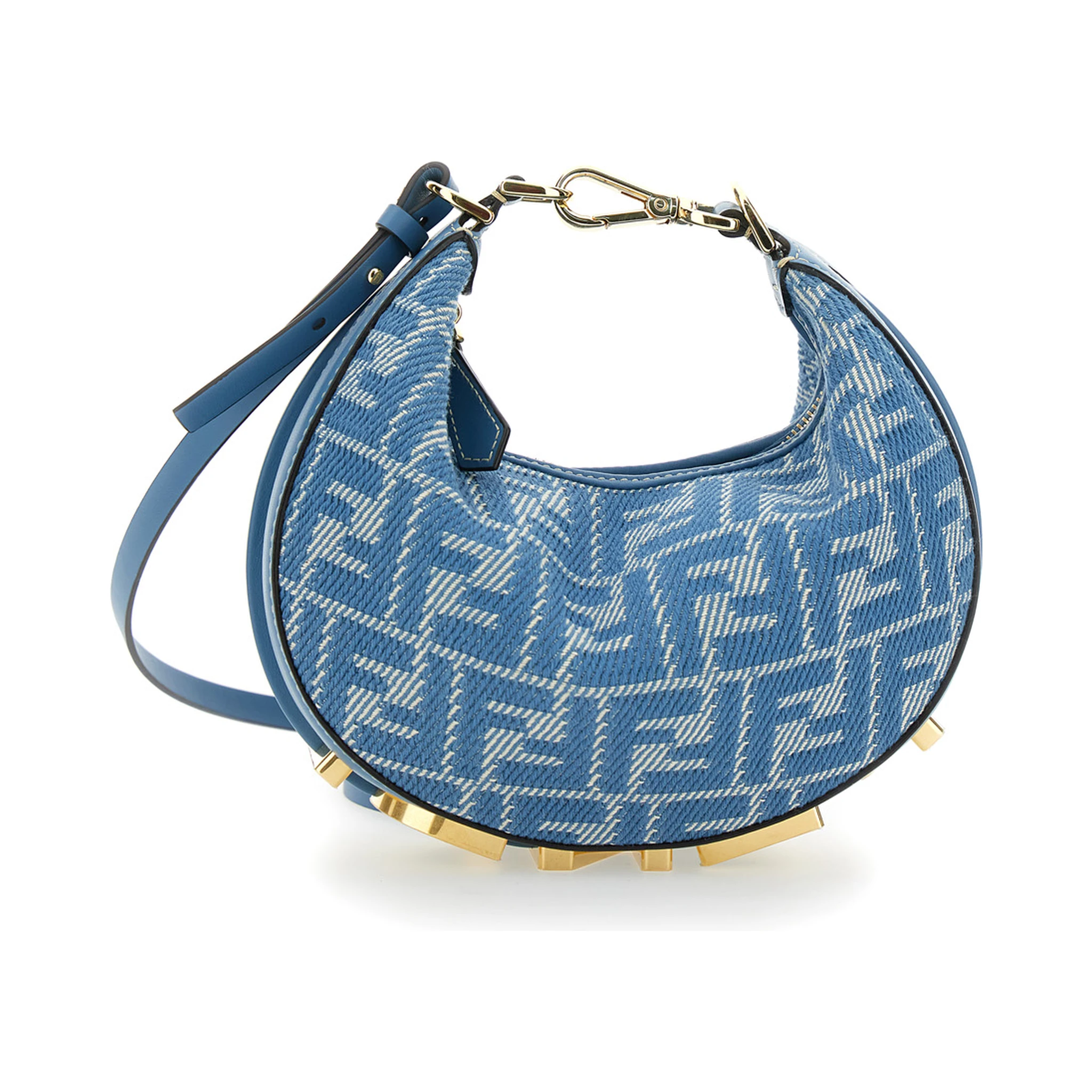 Fendigraphy Blue Mini Bag with All-Over FF Motif and Metal Lettering Logo on the Bottom in Cotton Woman