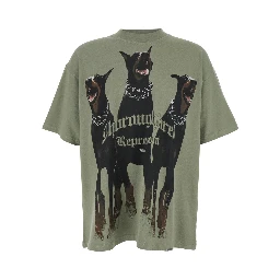 Thoroughbred Green T-Shirt with Doberman Graphic Print and Logo Lettering on the Front in Cotton Man