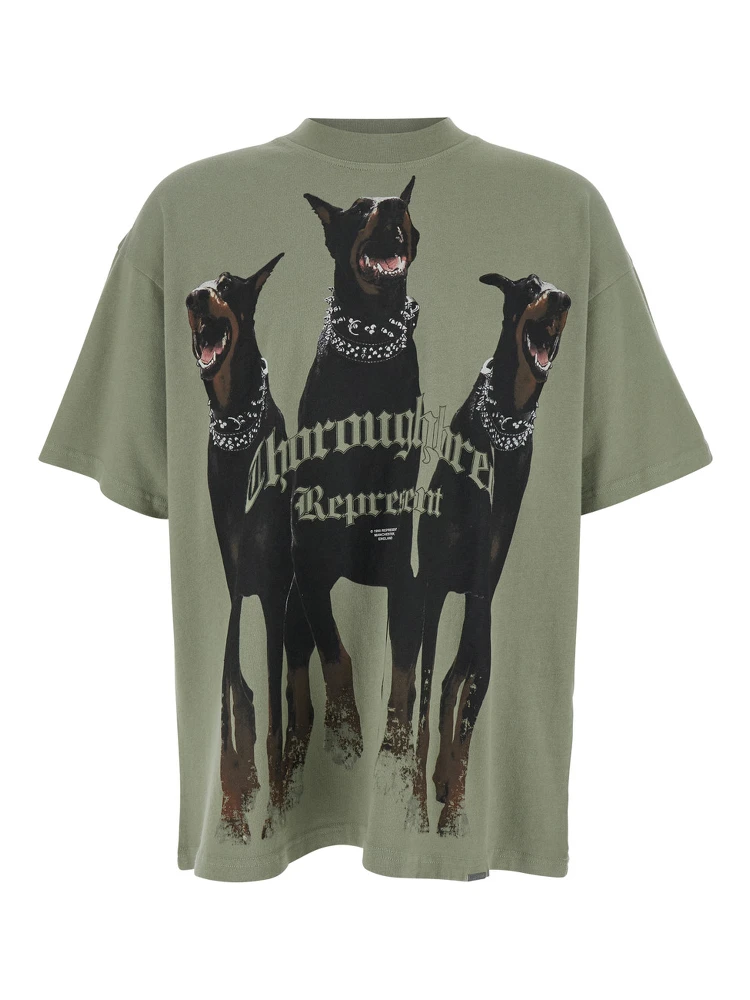 Thoroughbred Green T-Shirt with Doberman Graphic Print and Logo Lettering on the Front in Cotton Man