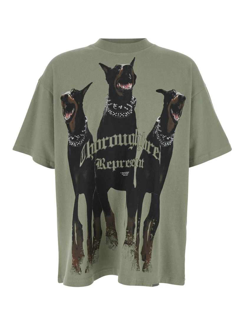 Thoroughbred Green T-Shirt with Doberman Graphic Print and Logo Lettering on the Front in Cotton Man