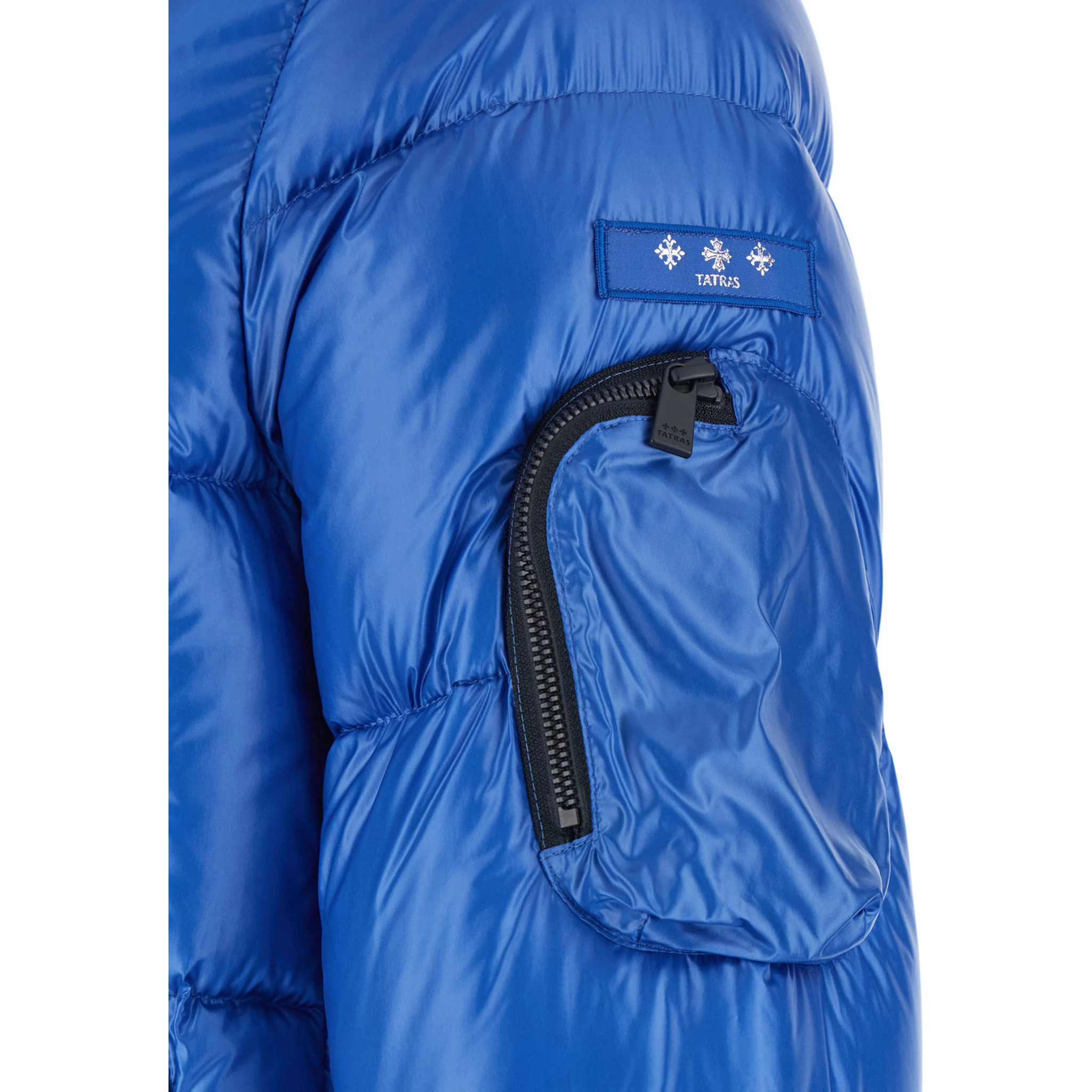 Belbo Blue Down Jacket with Fixed Hood and Logo Patch on the Sleeve in Tech Fabric Man