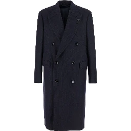 Blue Double-Breasted Coat with Peak Lapels in Wool Man