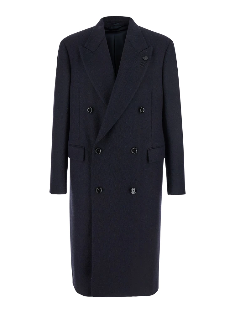 Blue Double-Breasted Coat with Peak Lapels in Wool Man