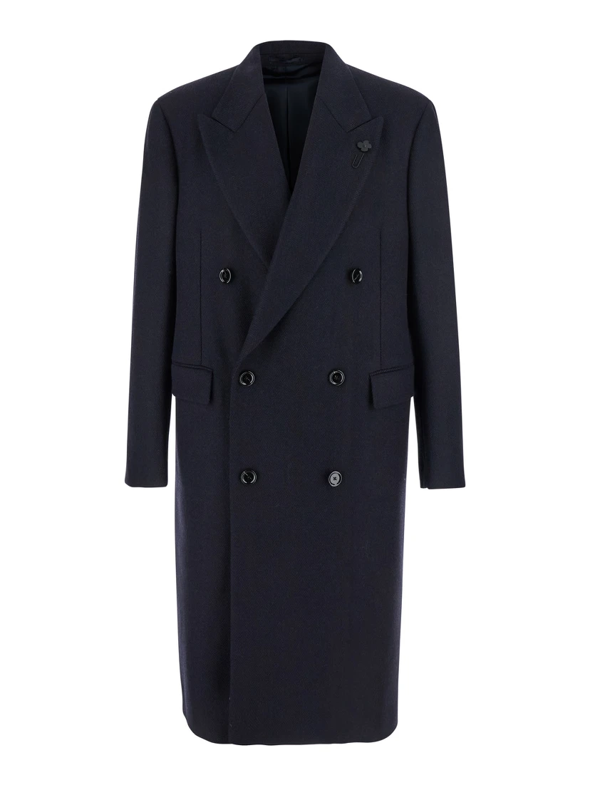 Blue Double-Breasted Coat with Peak Lapels in Wool Man