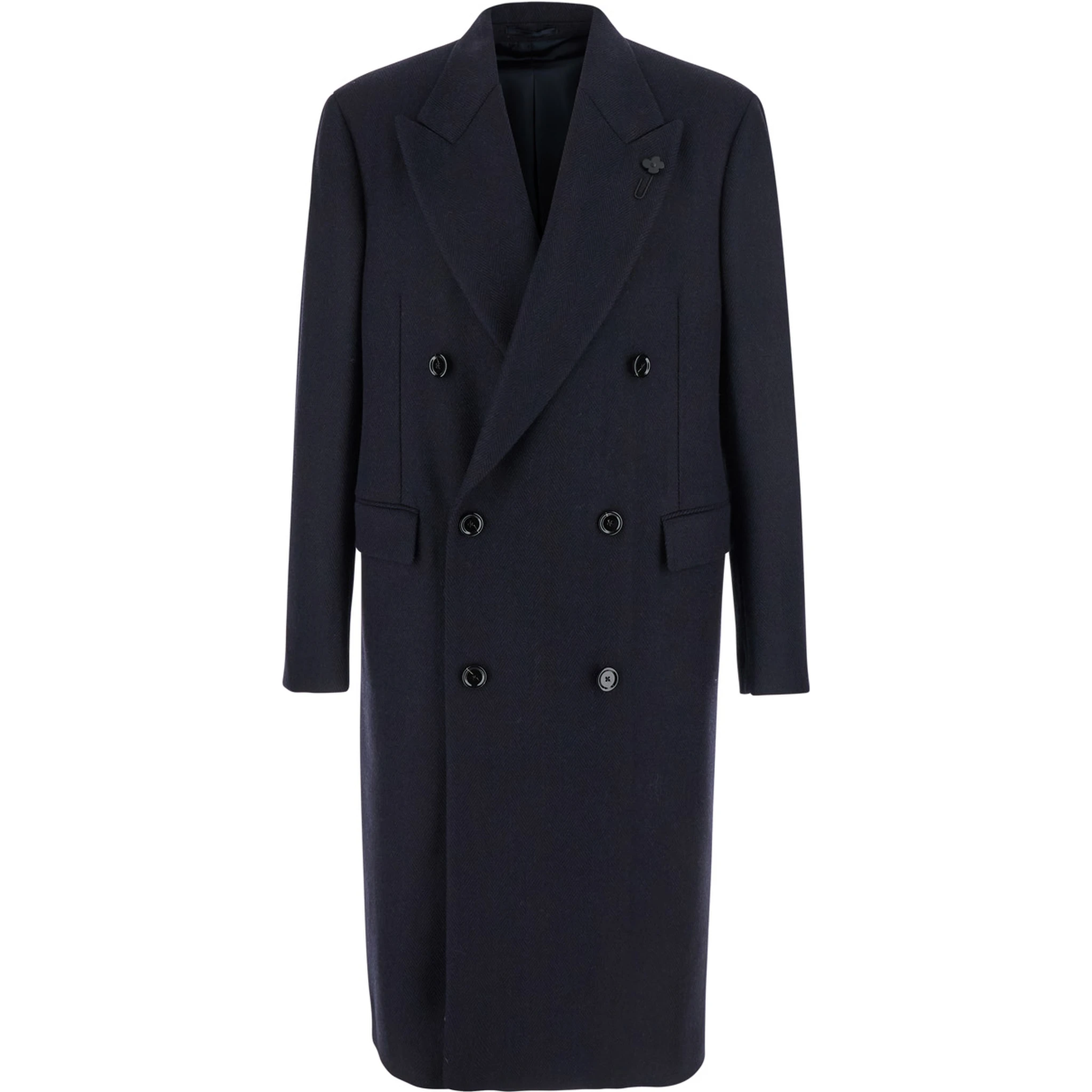 Blue Double-Breasted Coat with Peak Lapels in Wool Man