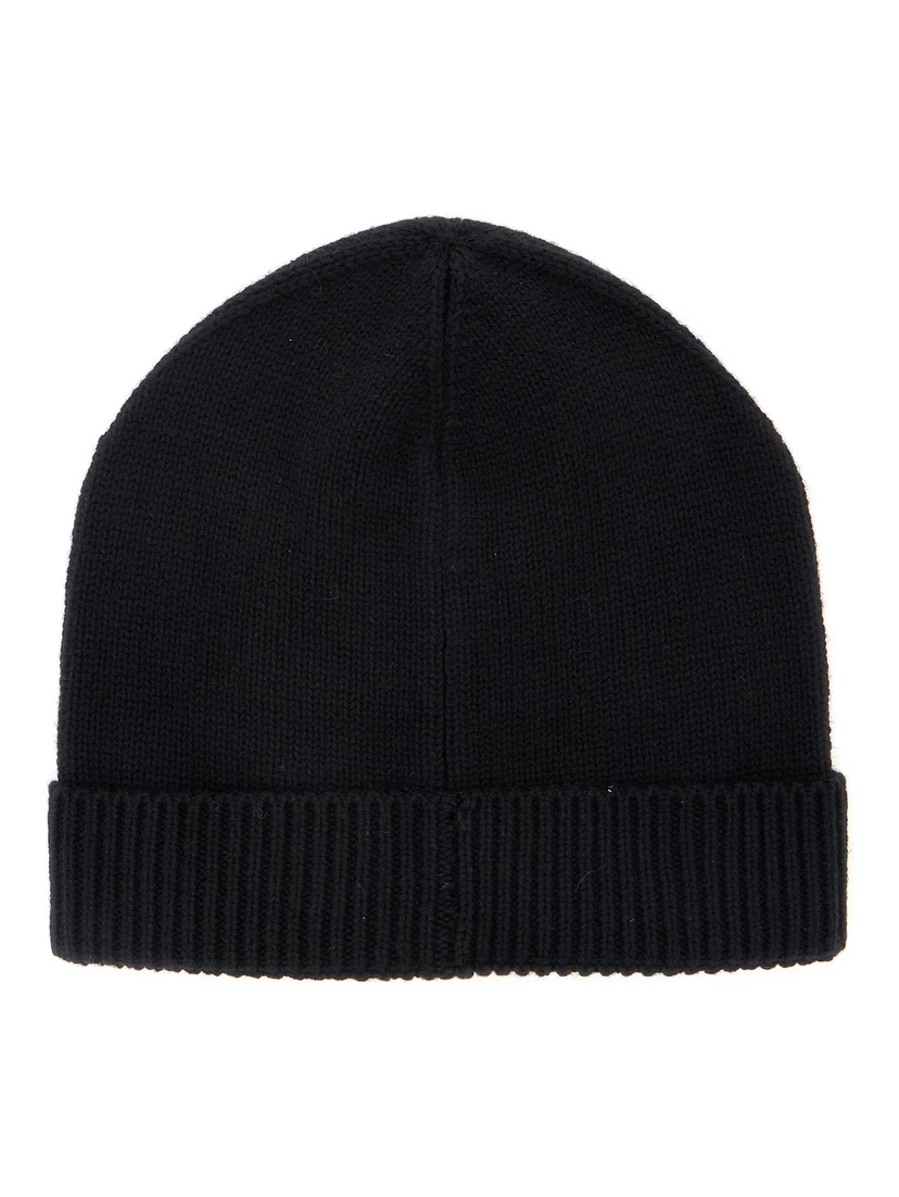 Black Beanie with Logo Embroidery on the Front in Wool and Cotton Blend Boy