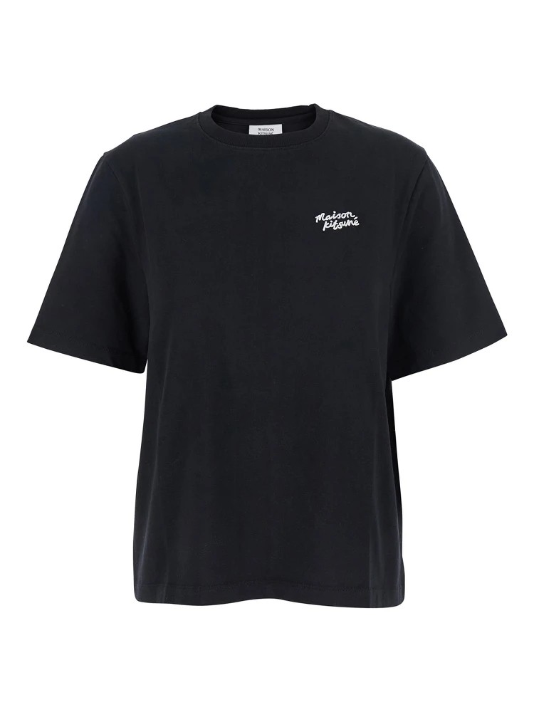 Black T-Shirt with Logo Lettering Printed on the Front in Cotton Woman