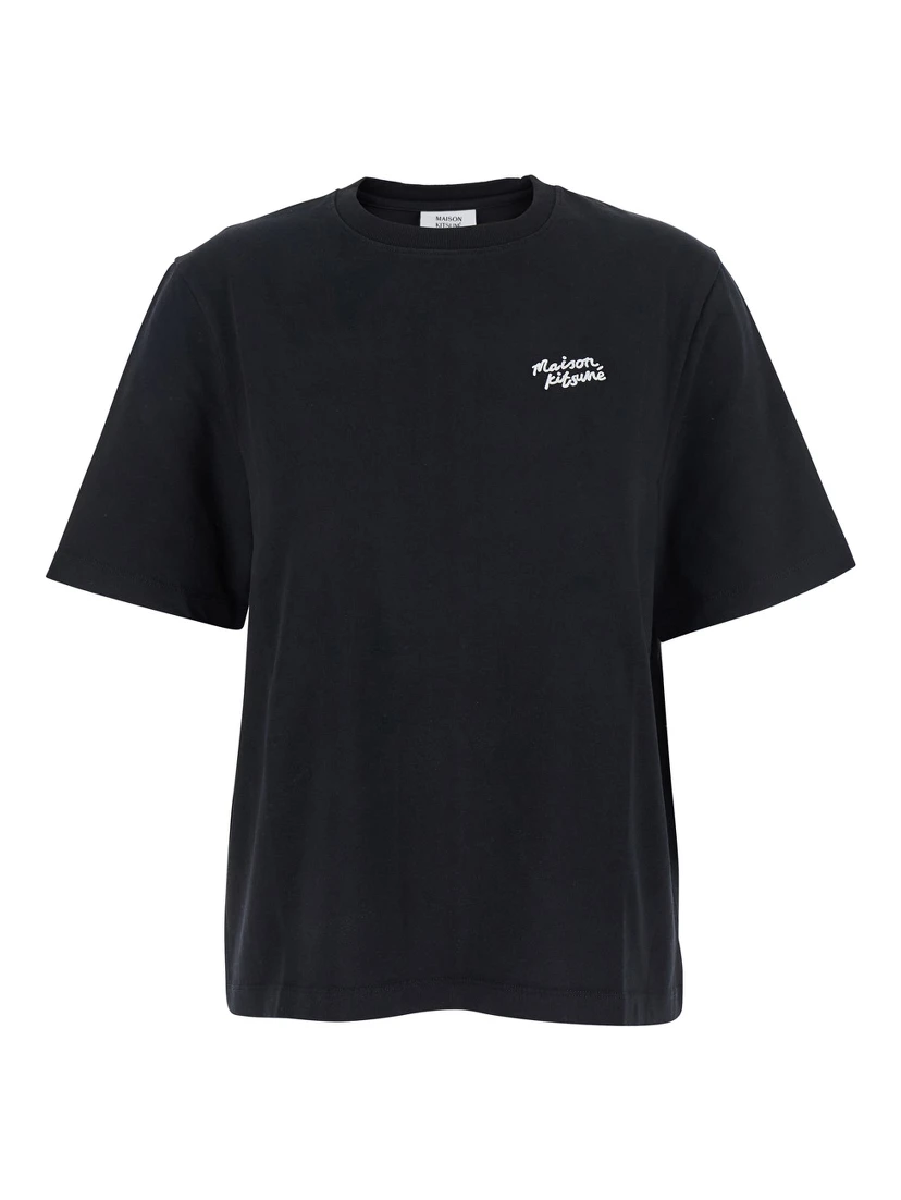 Black T-Shirt with Logo Lettering Printed on the Front in Cotton Woman