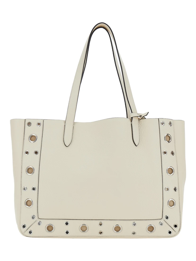 Nellcote White Tote Bag with VLogo Plaque on the Front and Stud Embellishments in Leather Woman