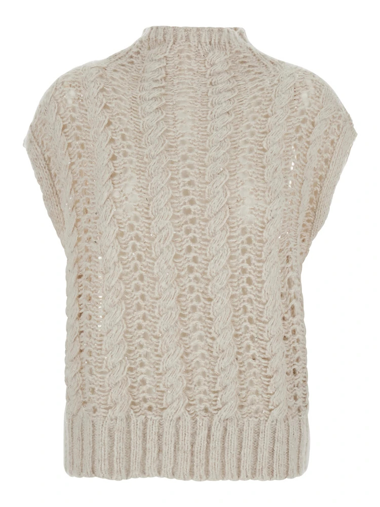 Faustina Beige Sleeveless Crewneck Knit Vest in Wool Woman