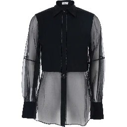 Black Shirt with Point Collar and Monils Detail on the Front in Fabric Woman