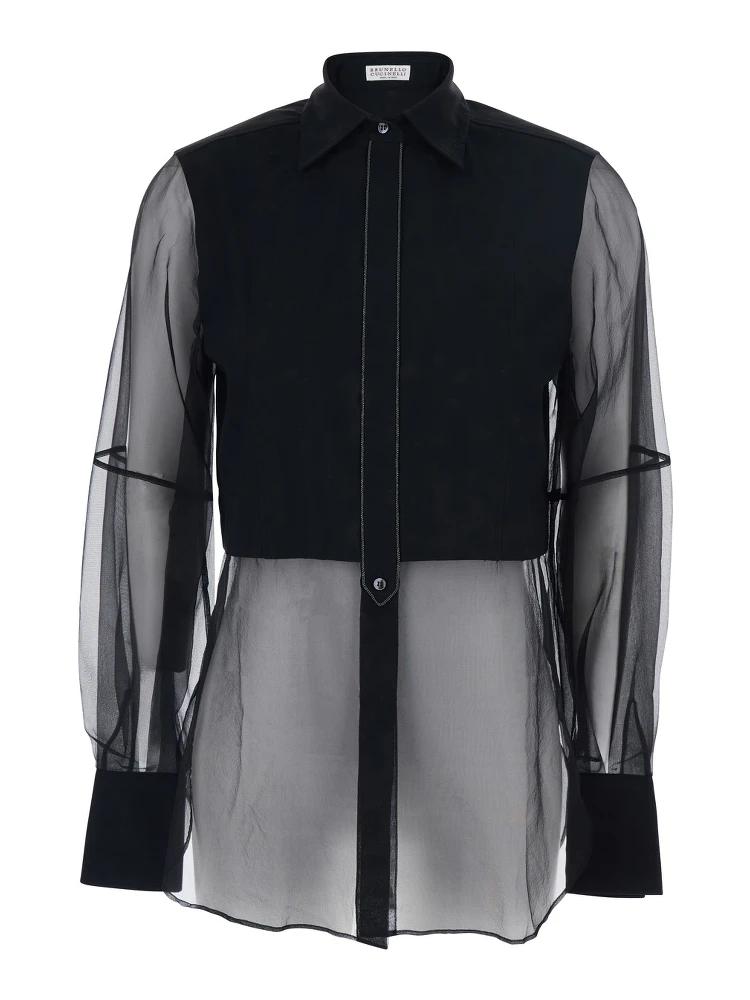 Black Shirt with Point Collar and Monils Detail on the Front in Fabric Woman