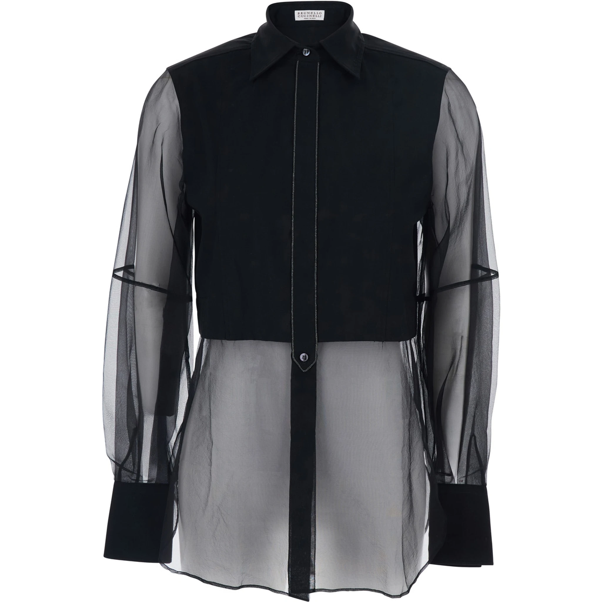 Black Shirt with Point Collar and Monils Detail on the Front in Fabric Woman