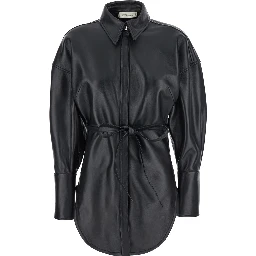 Black Shirt with Classic Collar and Waistband in Leather Woman