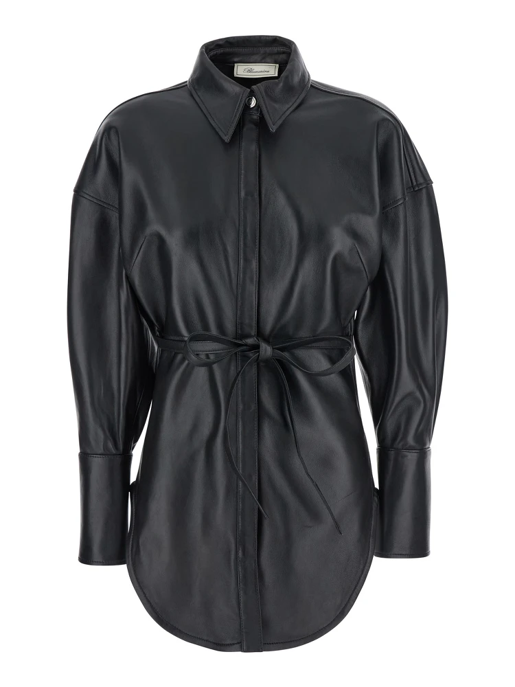 Black Shirt with Classic Collar and Waistband in Leather Woman