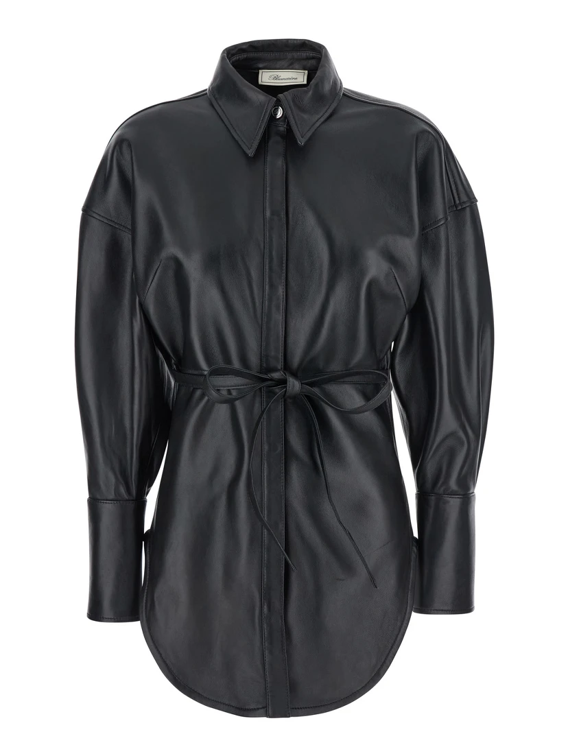 Black Shirt with Classic Collar and Waistband in Leather Woman
