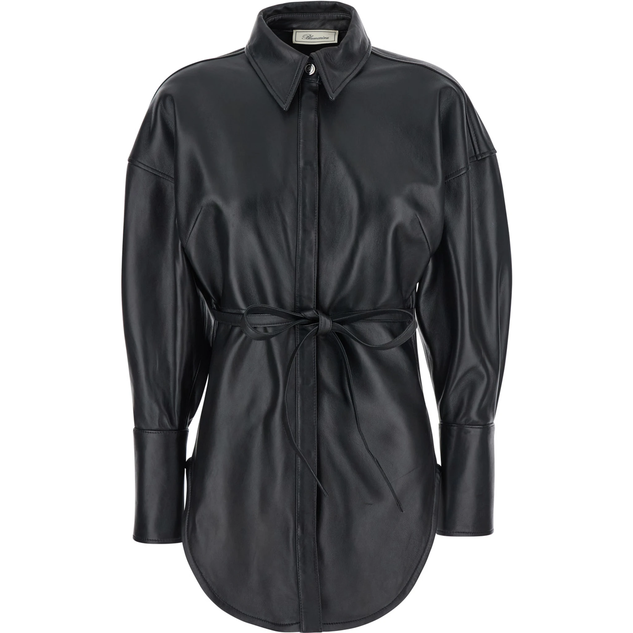 Black Shirt with Classic Collar and Waistband in Leather Woman