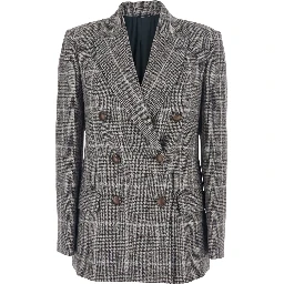 Grey Double-Breasted Jacket with All-Over Check Motif in Wool Woman