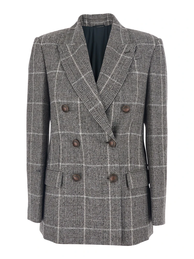 Grey Double-Breasted Jacket with All-Over Check Motif in Wool Woman